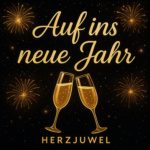 Schwarzes Cover mit goldenen Feuerwerken im Hintergrund. In der Mitte steht der Schriftzug „Auf ins neue Jahr“ in eleganter goldener Schreibschrift. Darunter stoßen zwei goldene Sektgläser miteinander an. Am unteren Rand befindet sich der Künstlername „Herzjuwel“ in goldenen Großbuchstaben. Das Gesamtmotiv wirkt festlich, edel und feierlich.