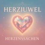 Albumcover mit einem großen, leuchtenden Herz in der Mitte, das wie ein geschliffener Edelstein aussieht. Das Herz ist in sanften Rosa- und Pastelltönen gehalten und von einem warmen Lichtschein umgeben. Der Hintergrund zeigt einen ruhigen Farbverlauf von Blau zu Rosé mit kleinen funkelnden Lichtpunkten, die an Sterne erinnern. Oben steht der Künstlername „Herzjuwel“, unten der Albumtitel „Herzenssachen“. Das Motiv wirkt ruhig, romantisch und emotional.