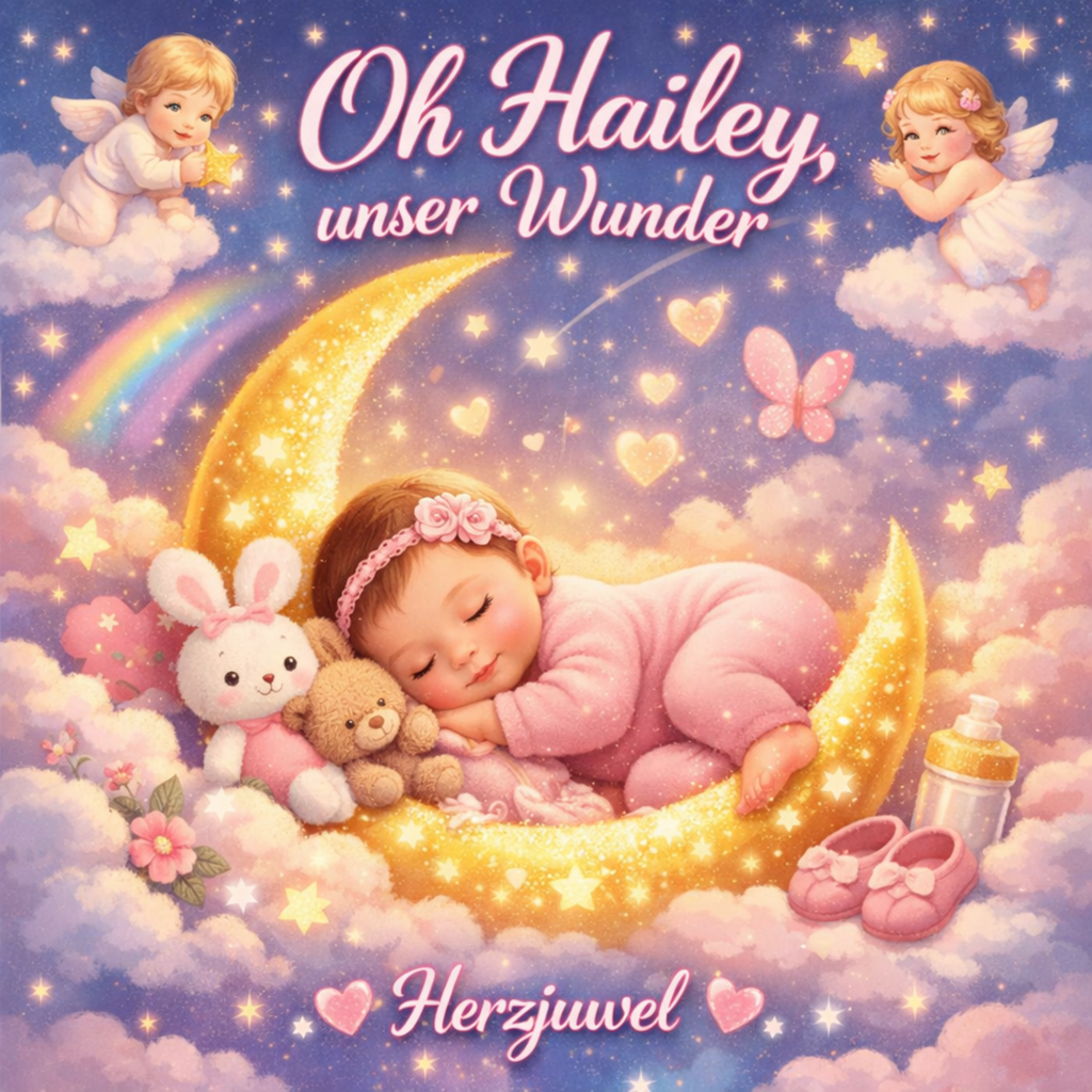 Ein schlafendes Baby liegt friedlich auf einer leuchtenden Mondsichel, umgeben von Wolken, Sternen, kleinen Engeln, Herzen und pastellfarbenen Details in einer verträumten, liebevollen Nachtstimmung.